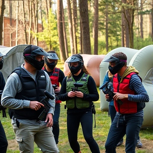 A beginner-friendly paintball scene showing a diverse group of people in casual paintball gear (masks, vests, markers) laughing and preparing to play in a wooded outdoor field with natural barriers like trees and inflatable bunkers, soft daylight, dynamic but safe action, no violence or injury depicted