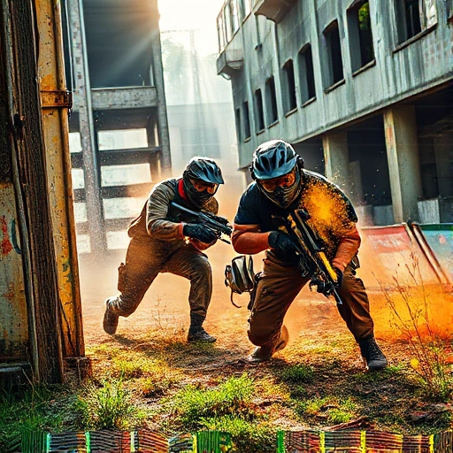 A dynamic, high-energy scene of paintball players in tactical gear mid-action, diving behind cover, paint splatters flying in the air, intense focus on their faces, vibrant colors of paint contrasting against a gritty urban battlefield with abandoned structures and overgrown vegetation, dramatic lighting with sun rays breaking through haze, wide-angle perspective emphasizing motion and tension, no text, no logos, no words, no digits