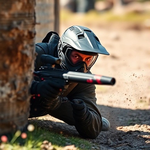 A dynamic scene of a paintball player in mid-action, diving behind cover with paint splatters flying, wearing tactical gear and a determined expression, set in a rugged outdoor paintball arena with natural lighting and motion blur to convey intensity and speed