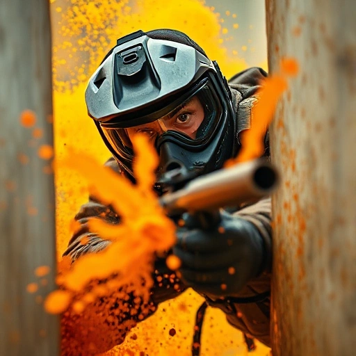 A dynamic scene of a paintball player mid-action, diving behind cover with paint splatters flying, wearing tactical gear and a determined expression, surrounded by vibrant orange and yellow paint bursts, capturing the intensity and essence of victory in paintball, high detail, realistic lighting, shallow depth of field