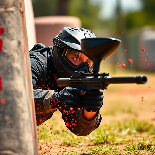 A dynamic and inspiring scene of a paintball player mid-action, diving behind cover with paint splatters flying, wearing tactical gear and a determined expression, set in a vibrant outdoor paintball arena with natural lighting and motion blur to convey energy and intensity
