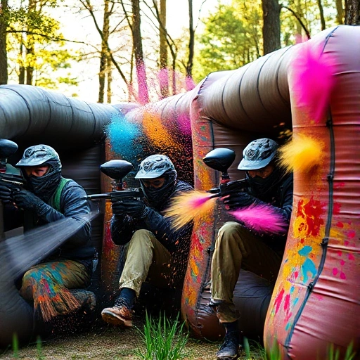 A dynamic scene of a paintball match in progress: diverse players in tactical gear diving behind inflatable bunkers, mid-air paint splatters in vibrant colors, intense focus on faces, motion blur to convey speed, outdoor forest field with dappled sunlight, high-energy atmosphere of competition and teamwork