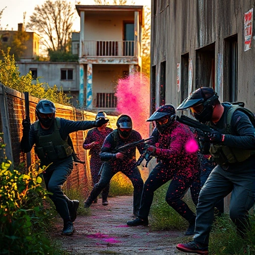 A dynamic paintball scene showing a diverse group of players in tactical gear mid-action, diving behind cover with paint splatters flying, vibrant colors contrasting against a gritty urban battlefield with abandoned structures and overgrown vegetation, golden hour lighting casting long shadows, high energy and intensity, smallHQ style