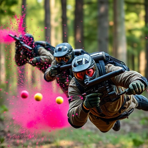 A dynamic paintball scene showing multiple players in tactical gear diving and shooting paintballs mid-air, vibrant splatters of paint flying, intense expressions of focus and excitement, outdoor forest battlefield with natural lighting, high energy and motion blur to convey speed and thrill