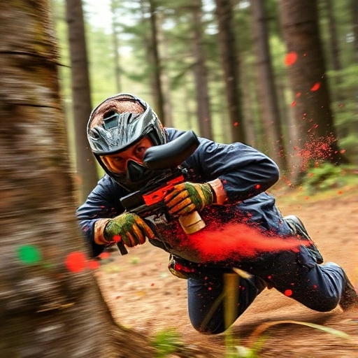 A dynamic scene of a paintball player mid-action, diving behind cover with paint splatters flying, wearing tactical gear and a determined expression, vibrant colors, high energy, outdoor forest battlefield with trees and natural obstacles, motion blur to emphasize speed and excitement