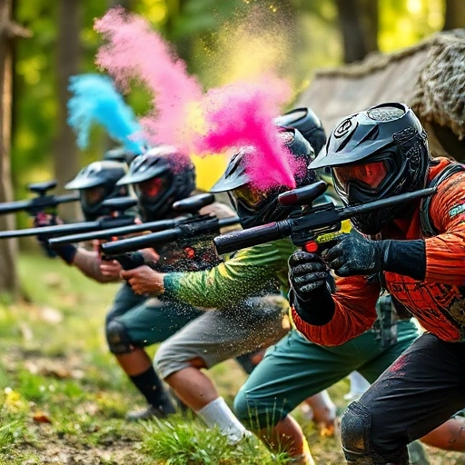 A dynamic scene of diverse paintball players in mid-action, wearing tactical gear and colorful paint-splattered uniforms, diving behind cover, firing paintball markers, with vibrant paint bursts in the air, set in an outdoor forested paintball field with natural lighting and motion blur to convey intensity and teamwork