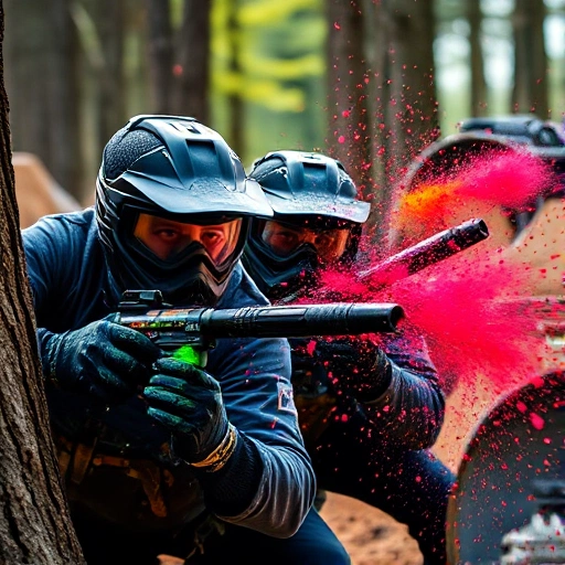 A dynamic scene of paintball players in tactical gear, mid-action, diving behind cover with paint splatters flying, intense focus on their faces, vibrant colors of paint in the air, outdoor forest battlefield with trees and bunkers, dramatic lighting, high energy, competitive spirit, no text or logos