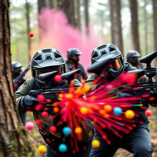 A dynamic scene of paintball players in action, wearing tactical gear and masks, diving behind cover while colorful paintballs explode in mid-air, intense focus and motion blur, outdoor forest battlefield with trees and bunkers, dramatic lighting, high detail, energetic and competitive atmosphere