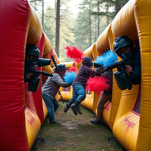 A dynamic, high-energy scene of a paintball match in progress: diverse players in tactical gear diving behind colorful inflatable barriers, mid-air paint splatters in vibrant red, blue, and yellow, intense focus on faces, motion blur to convey speed, outdoor forest field with dappled sunlight, ultra-detailed, cinematic lighting, smallHQ style