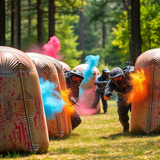 A dynamic, high-energy scene of a paintball match in progress: diverse players in tactical gear diving behind inflatable bunkers, mid-air paint splatters in vibrant colors, intense focus on faces, motion blur to convey speed, outdoor forest field with dappled sunlight, realistic lighting and textures, no text, no logos, no words, no digits