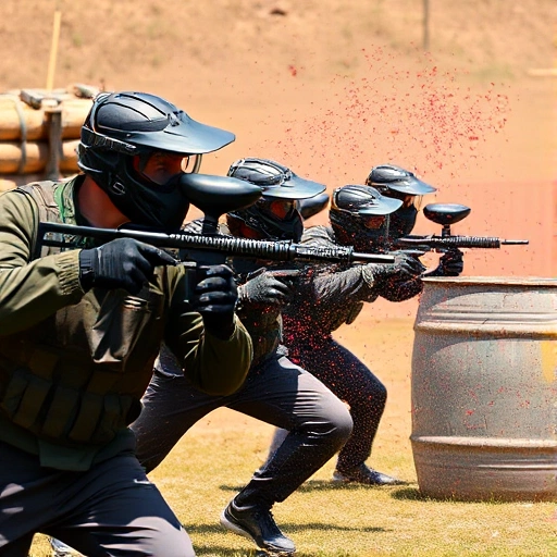A dynamic scene of paintball players in action, wearing tactical gear and masks, mid-game on an outdoor field with obstacles like barrels and wooden bunkers, paint splatters in the air, natural daylight, realistic style, focus on movement and intensity