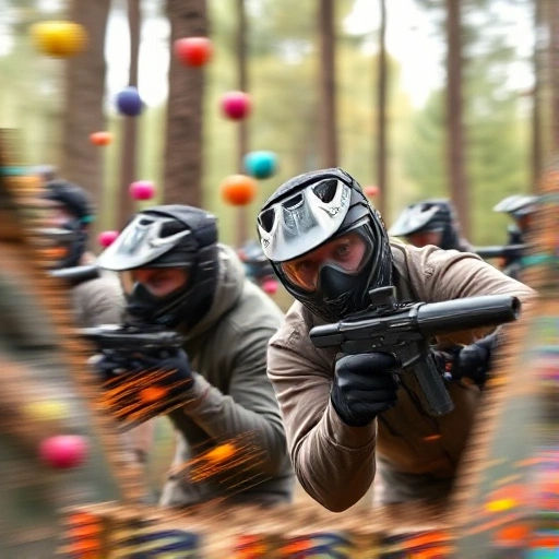 A dynamic scene of paintball players in action, wearing tactical gear and masks, diving behind cover while colorful paintballs fly through the air, one player mid-leap with a paintball marker raised, intense focus on their face, outdoor forest battlefield with trees and bunkers, motion blur to convey speed and excitement, vibrant splatters of paint on surfaces and gear, high-energy competitive atmosphere
