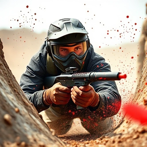 A dynamic scene of a paintball player in mid-action, diving behind cover with paint splatters flying, wearing tactical gear and a determined expression, set in a rugged outdoor paintball arena with natural lighting and motion blur to convey intensity and speed