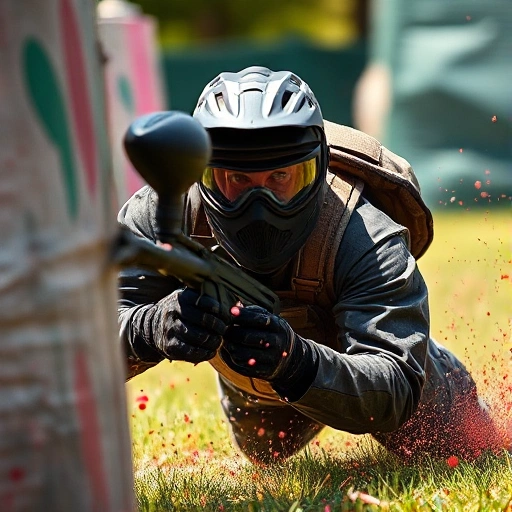 A dynamic scene of a paintball player mid-action, diving behind cover with paint splatters flying, wearing tactical gear and a determined expression, set in a vibrant outdoor paintball arena with natural lighting and motion blur to convey speed and intensity