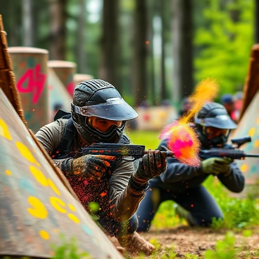 A dynamic scene of paintball players in action, wearing tactical gear and masks, diving behind cover with paint splatters in the air, vibrant colors, intense focus, outdoor forest battlefield with trees and barriers, motion blur to convey speed and excitement, high detail, realistic lighting