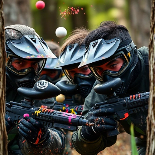 A dynamic action scene of diverse paintball players in tactical gear, mid-game, diving behind cover, paintballs flying in the air, vibrant splatters of paint on masks and uniforms, intense focus on faces, outdoor wooded battlefield with natural lighting, high detail, realistic style