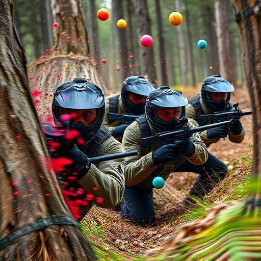 A dynamic scene of a paintball battle in progress, showing multiple players in tactical gear diving behind cover, paintballs mid-air leaving colorful splatters, intense expressions, outdoor forest setting with trees and natural obstacles, motion blur to convey action, vibrant colors, high detail, realistic style