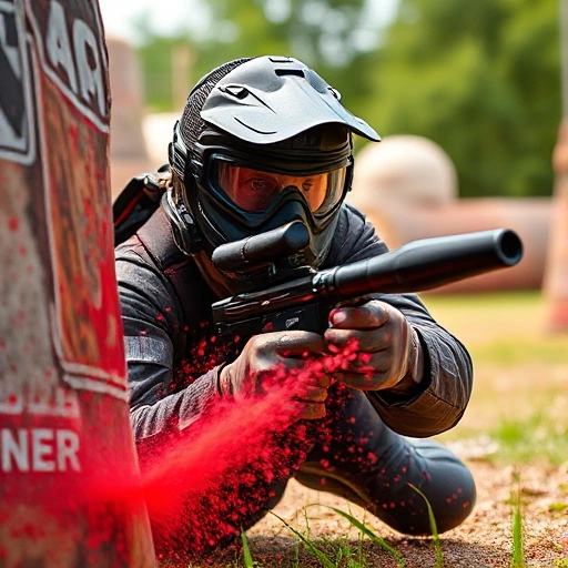 A dynamic scene of a paintball player in mid-action, diving behind cover with paint splatters flying, wearing tactical gear and a focused expression, set in a vibrant outdoor paintball arena with natural lighting and detailed textures
