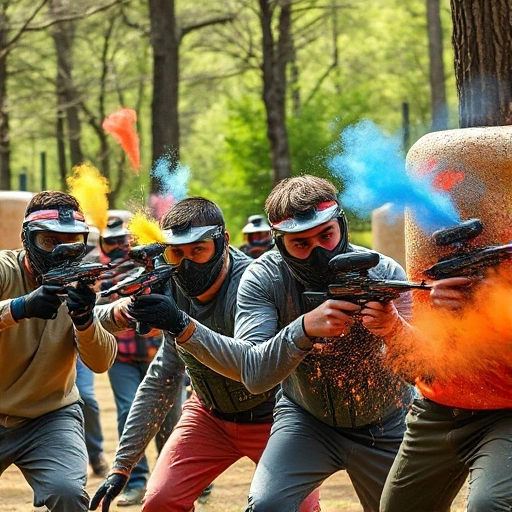 A dynamic and energetic scene of diverse people playing paintball in a natural outdoor setting with trees and terrain obstacles, capturing the excitement, teamwork, and adrenaline of the game, with vibrant splatters of paint in mid-air, focused expressions, and realistic sportswear, conveying the essence of success through effort, strategy, and unity