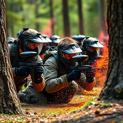 A dynamic paintball scene showing a diverse team of players in tactical gear mid-action, diving behind cover, with paint splatters in the air, vibrant colors, intense focus, outdoor forest battlefield with natural lighting, high detail, realistic style