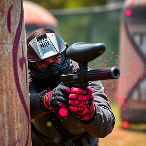 A dynamic scene of a paintball player mid-action, diving behind cover with paint splatters flying, wearing tactical gear and a determined expression, set in a vibrant outdoor paintball arena with natural lighting and motion blur to convey intensity and excitement