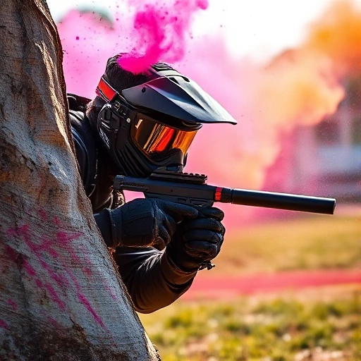 A dynamic scene of a paintball player in mid-action, wearing tactical gear and a paint-splattered mask, diving behind a bunker on a vibrant outdoor paintball field, with colorful paint bursts in the air, natural sunlight, and a sense of motion and intensity, capturing the spirit of competition and excellence