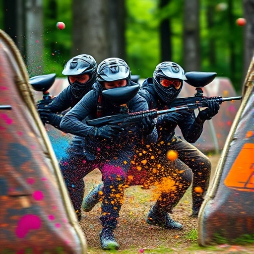 A dynamic scene of a paintball team in action during a competitive match, wearing tactical gear and helmets, mid-stride behind cover, with paintballs flying through the air, vibrant splatters of color on barriers and ground, intense focus on their faces, outdoor forest field with natural lighting, high energy and motion blur to convey speed and determination