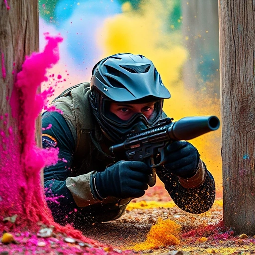 A dynamic scene of a paintball player mid-action, diving behind cover with paint splatters flying, wearing tactical gear and a determined expression, surrounded by vibrant bursts of colored paint in mid-air, conveying intensity, focus, and the thrill of victory — no text, no logos, no words, pure visual energy