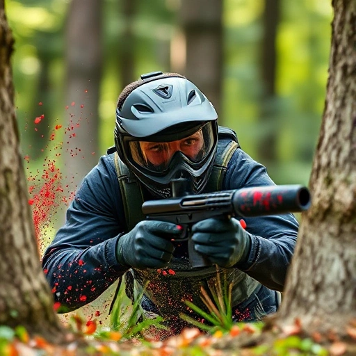 A dynamic scene of a paintball player in mid-action, diving behind cover with paint splatters flying, wearing tactical gear and a determined expression, set in a forested paintball arena with natural lighting and motion blur to convey speed and intensity
