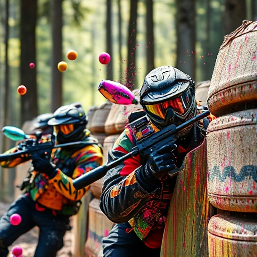 A dynamic scene of paintball players in mid-action, wearing tactical gear and colorful paint-splattered uniforms, diving behind cover, with paintballs frozen in air and vibrant splatters on barriers, intense focus and motion, outdoor forest battlefield with dappled sunlight, high detail, realistic lighting, no text or logos