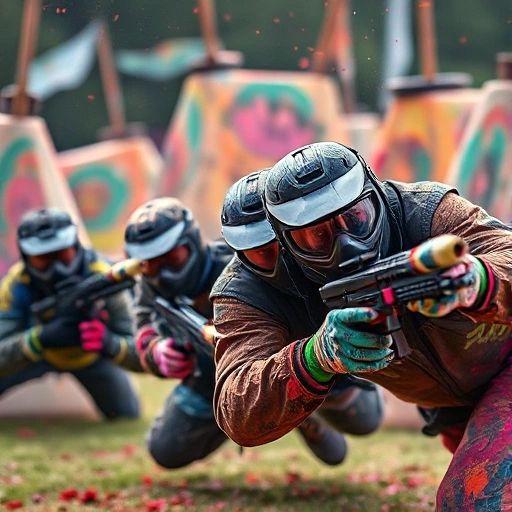 A dynamic, high-energy scene of diverse paintball players in mid-action, wearing colorful tactical gear and masks, diving and shooting paintballs in a vibrant outdoor arena with obstacles, splatters of paint in the air, dramatic lighting, and intense focus on faces — capturing the excitement and competitiveness of the sport