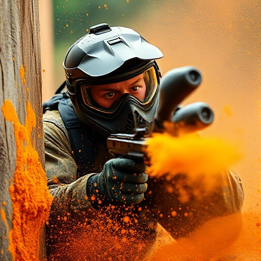 A dynamic scene of a paintball player mid-action, diving behind cover with paint splatters flying, wearing tactical gear and a determined expression, surrounded by vibrant orange and yellow paint bursts, conveying intensity and triumph in a realistic yet energetic style