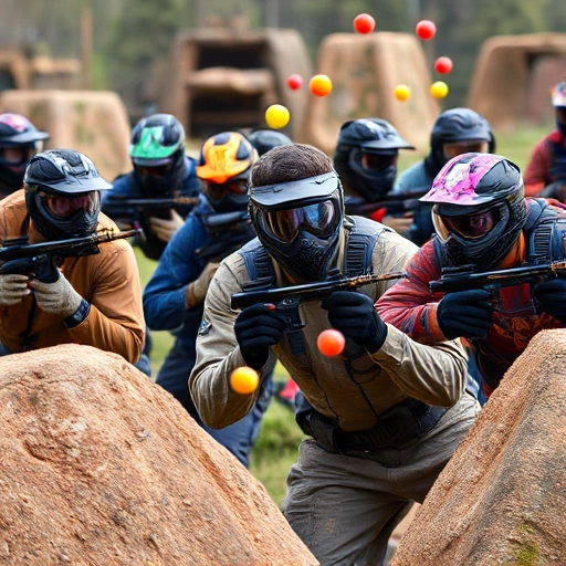 A dynamic scene of diverse paintball players in action, wearing colorful tactical gear and masks, mid-game on an outdoor field with bunkers and natural obstacles, capturing intensity and teamwork, vibrant colors, motion blur on paintballs in air, realistic lighting, high detail