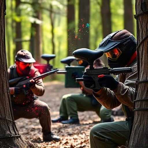 A dynamic scene of paintball players in tactical gear crouched behind cover in a forest arena, one player mid-action throwing a paint grenade, another aiming a marker with focus, splatters of colorful paint in the air, natural lighting with dappled sunlight through trees, intense but fair-play atmosphere, emphasizing strategy and teamwork