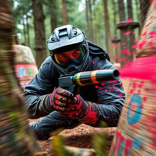 A dynamic scene of a paintball player mid-action, diving behind cover with paint splatters flying, wearing tactical gear and a determined expression, vibrant colors, high energy, outdoor forest battlefield with trees and barriers, motion blur to convey speed and excitement
