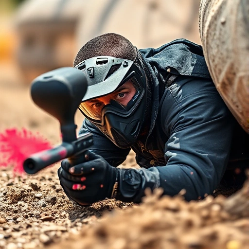 A dynamic scene of a paintball player in mid-action, diving behind cover with paint splatters in the air, wearing tactical gear and a focused expression, set in a rugged outdoor paintball field with natural lighting and motion blur to convey speed and intensity