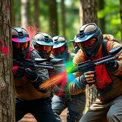 A dynamic scene of paintball action showing diverse players in tactical gear mid-game, diving behind cover, with paint splatters in the air, vibrant colors, intense focus, outdoor forest battlefield with natural lighting, high energy and teamwork spirit
