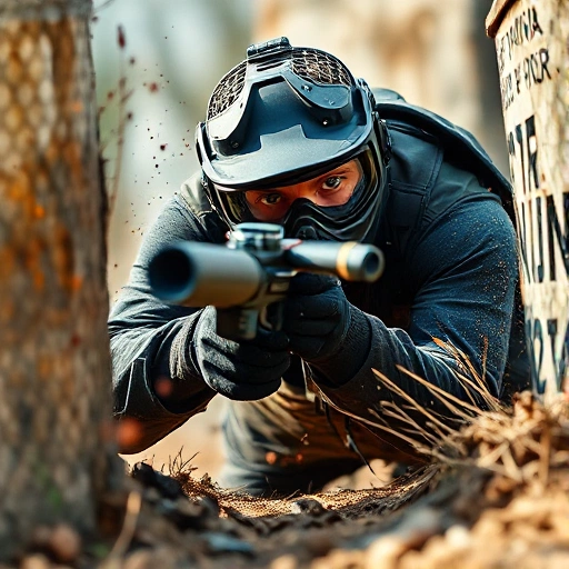 A dynamic scene of a paintball player mid-action, diving behind cover with paint splatters in the air, wearing tactical gear and a focused expression, set in a rugged outdoor paintball field with natural lighting and motion blur to convey intensity and pursuit of success