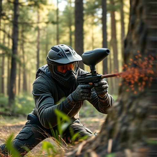 A dynamic scene of a paintball player in mid-action, diving behind cover with paint splatters in the air, wearing tactical gear and a focused expression, set in a dense forest paintball field with dappled sunlight filtering through trees, motion blur emphasizing speed and intensity, high detail, realistic lighting, no text or logos