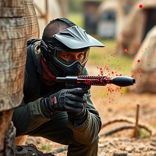 A dynamic scene of a paintball player in mid-action, diving behind cover with paint splatters flying, wearing tactical gear and a determined expression, set in a rugged outdoor paintball arena with natural lighting and motion blur to convey intensity and focus
